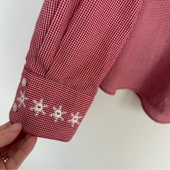 Karen Scott Red Gingham Check Christmas Holiday Snowman Button Up Top L - Picture 6 of 8